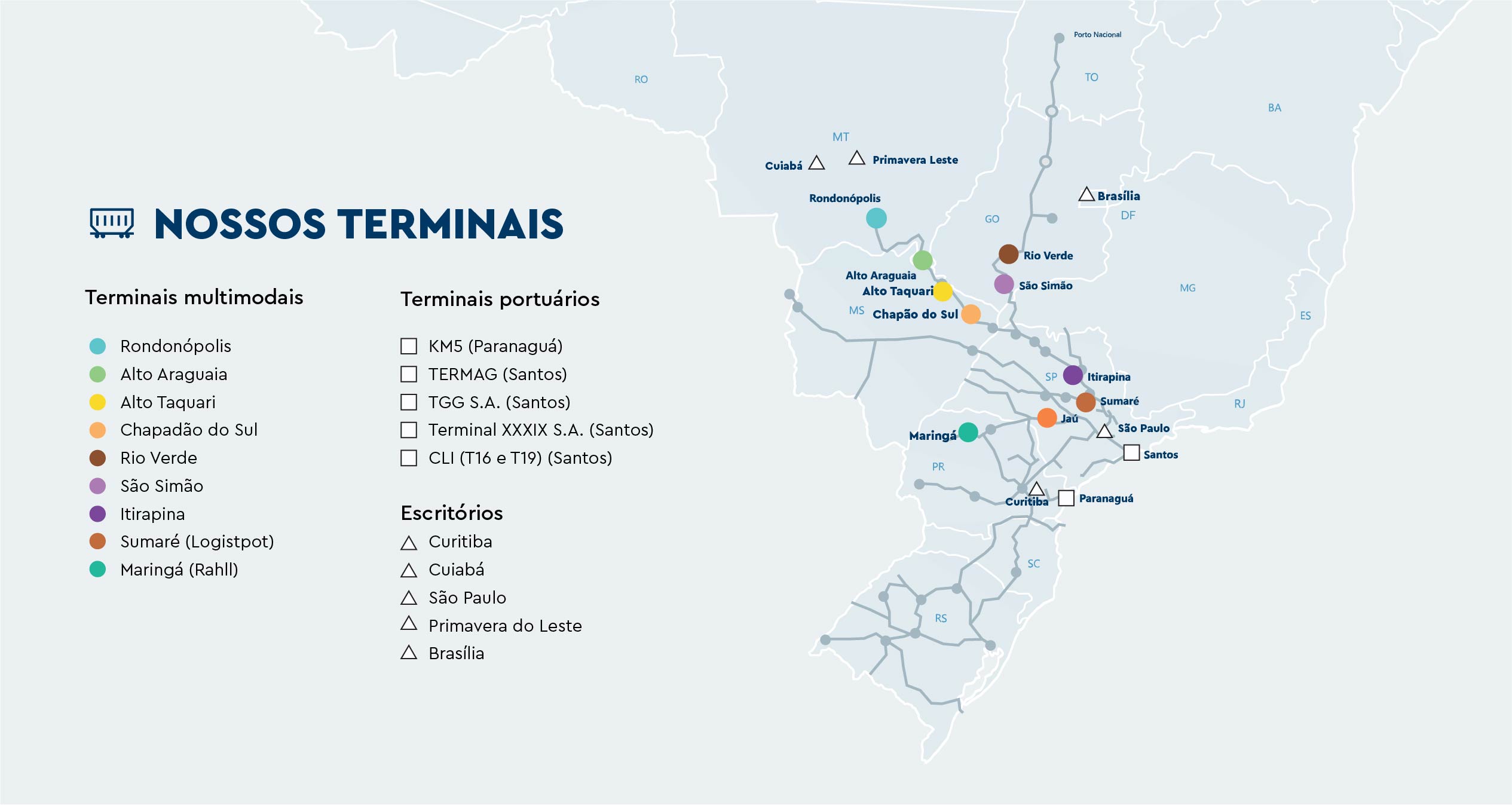 Mapa mostrando a localização dos portos e terminais da Rumo | Rumo