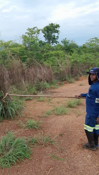 Trabalhador em uniforme azul e boné com proteção na nuca segurando um cabo longo em uma estrada de terra cercada por vegetação.