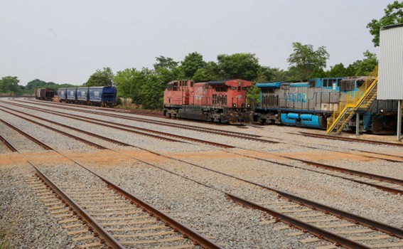 Panorama de diversos trilhos paralelos com locomotivas vermelha e azuis paradas ao fundo, cercadas por árvores sob céu nublado.